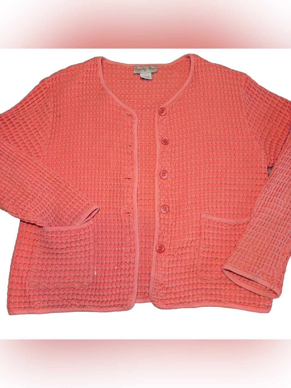 Vintage Coral Pink Waffle Knit Button-Front Cardigan Jacket Women’s L